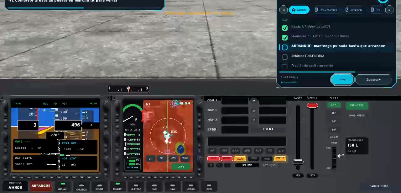 Cabina de AeroEscuela con instrumentos digitales y la lista de verificación del instructor virtual