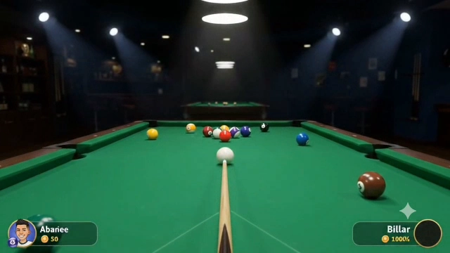 Minijuegos de Marcelo Go: mesa de billar en una sala iluminada