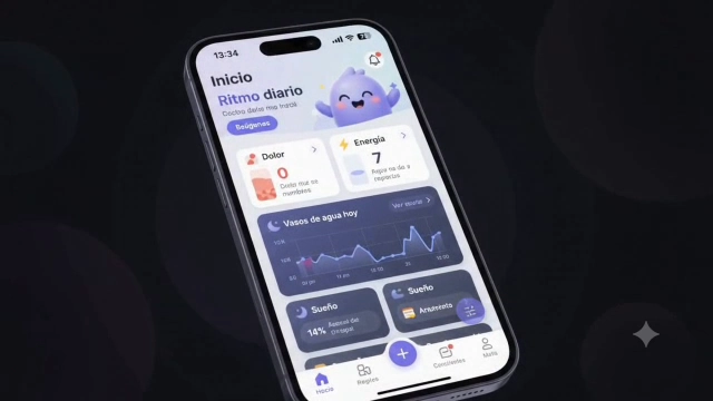 Ritmo Diario: pantalla de inicio con dolor, energía, vasos de agua y sueño
