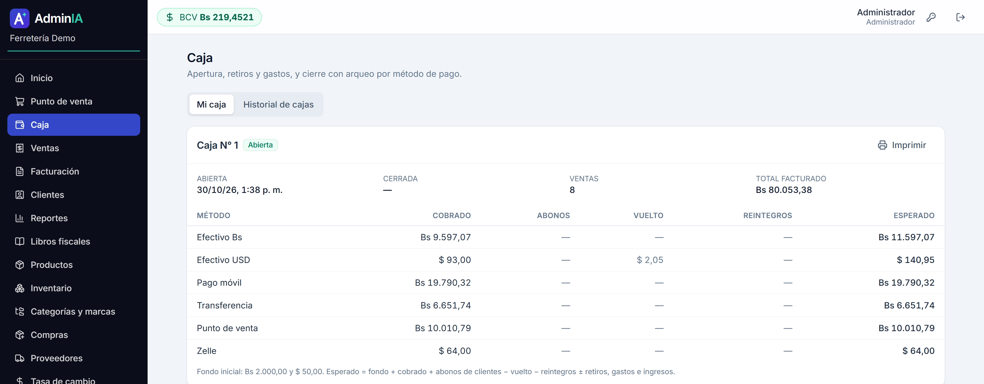Open cash register with what was collected by payment method: cash in bolívars and dollars, mobile payment, bank transfer, card terminal and Zelle