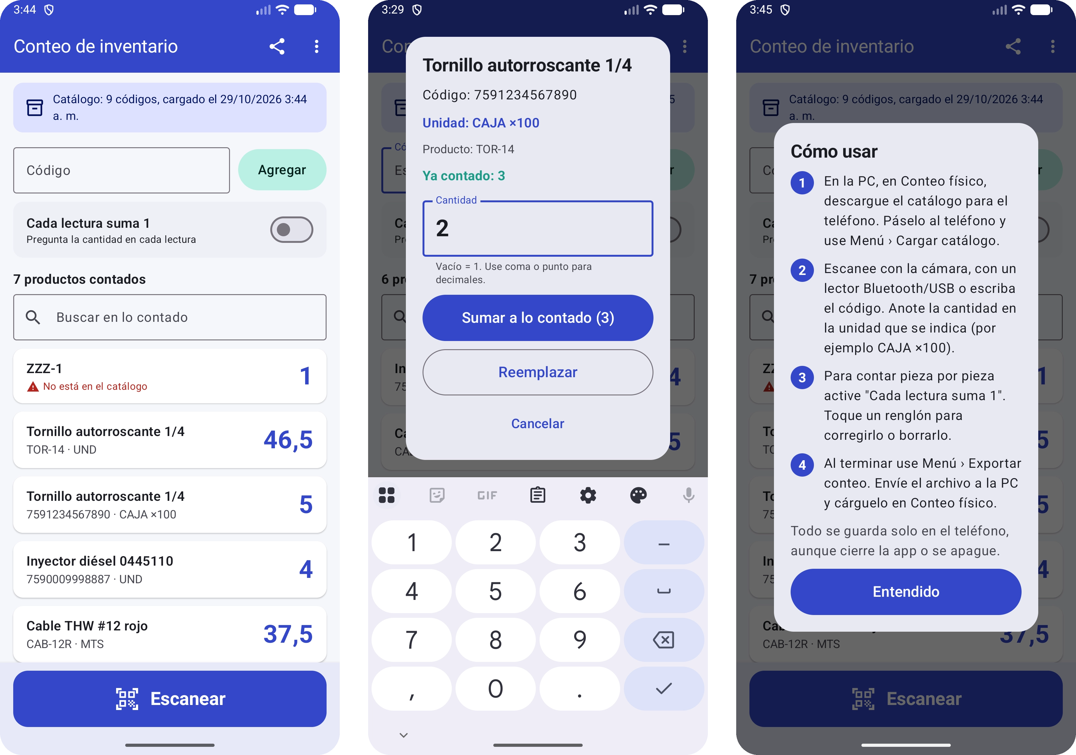 Android stock-count app: counted products, the quantity of one product and the how-to screen