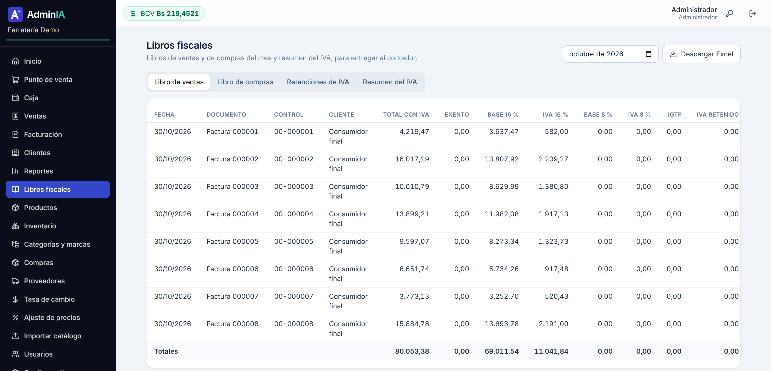 Monthly sales ledger with invoice and control numbers, taxable base and VAT