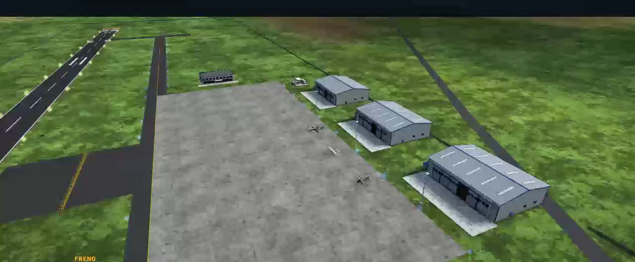 Aeródromo de práctica en 3D con pista y hangares