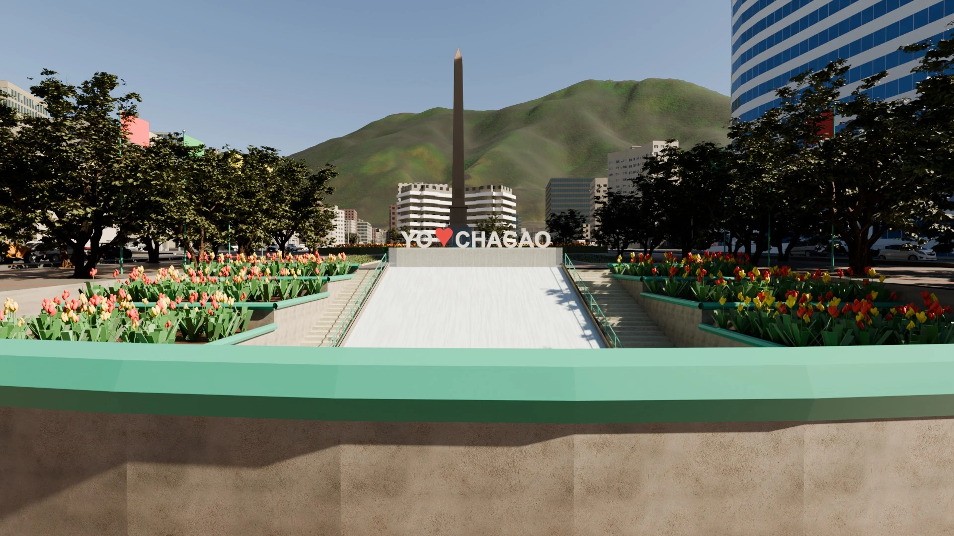 Plaza Francia de Altamira a nivel de calle, con el obelisco y el Ávila al fondo