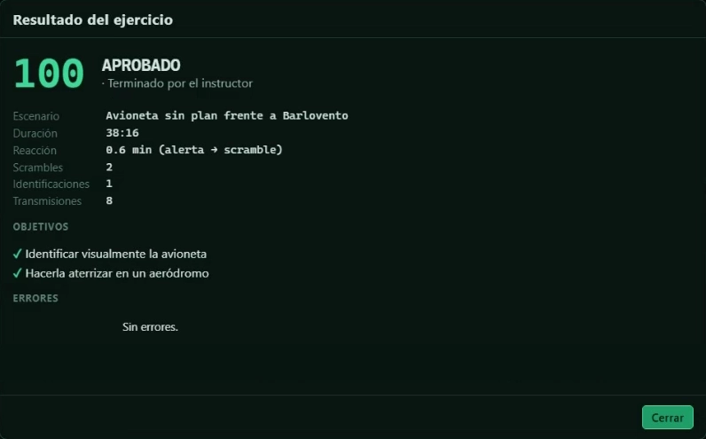 Exercise result: 100, passed, with all objectives achieved and no errors