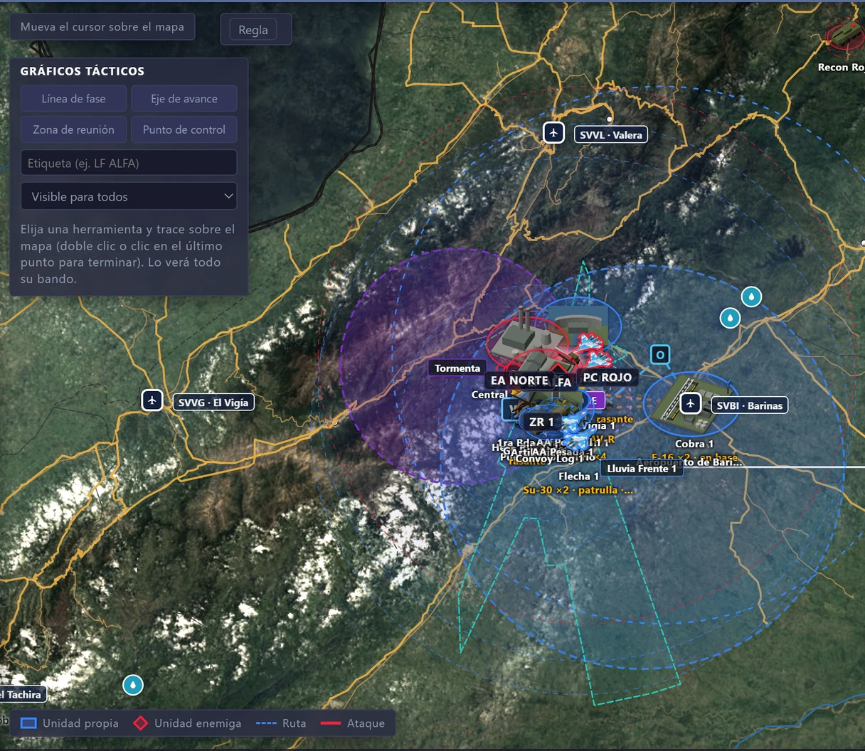 Mapa con las coberturas de defensa aérea y los gráficos tácticos del bando