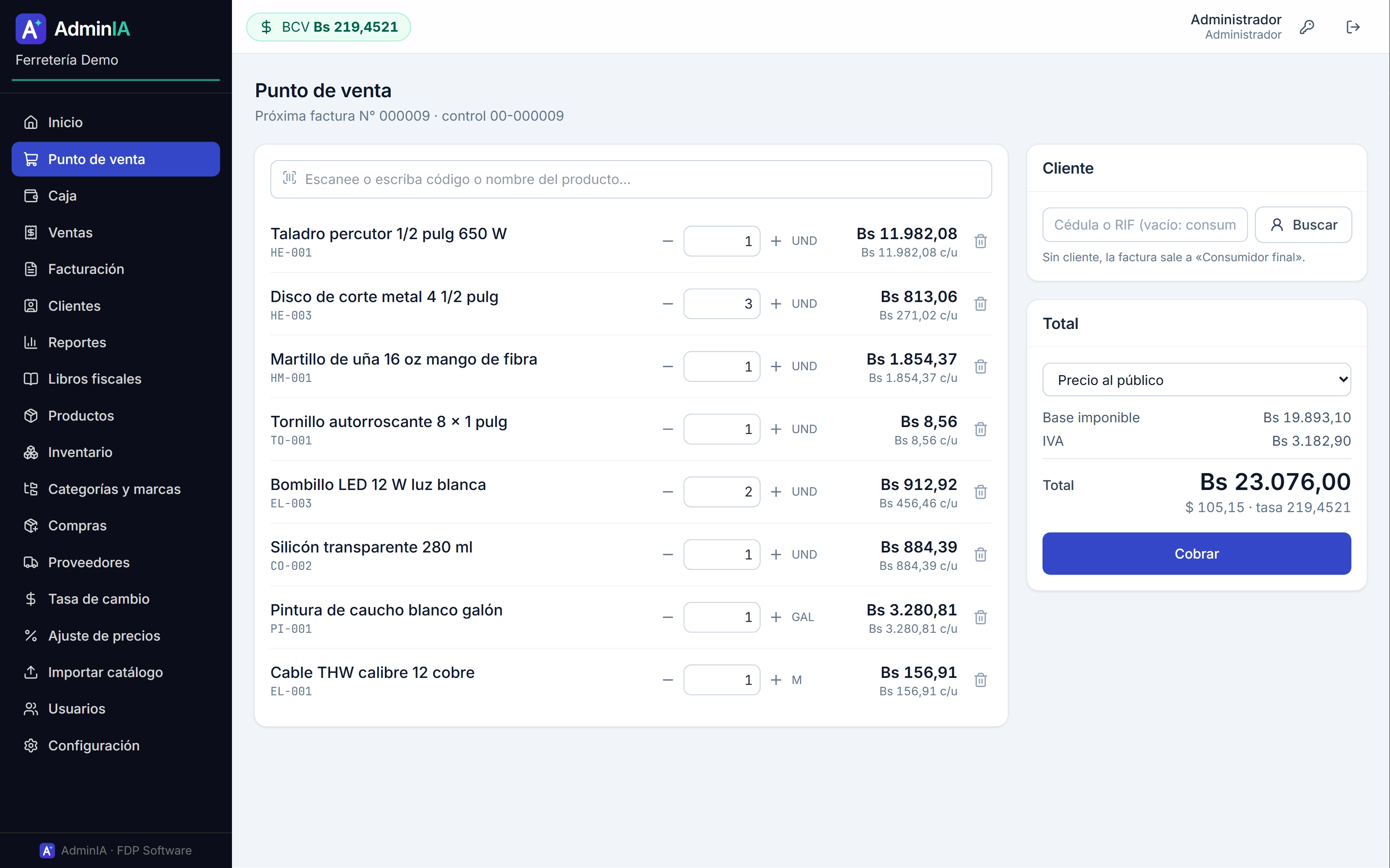 Adminia point of sale with products on the invoice and the total in bolívars and dollars at the BCV rate