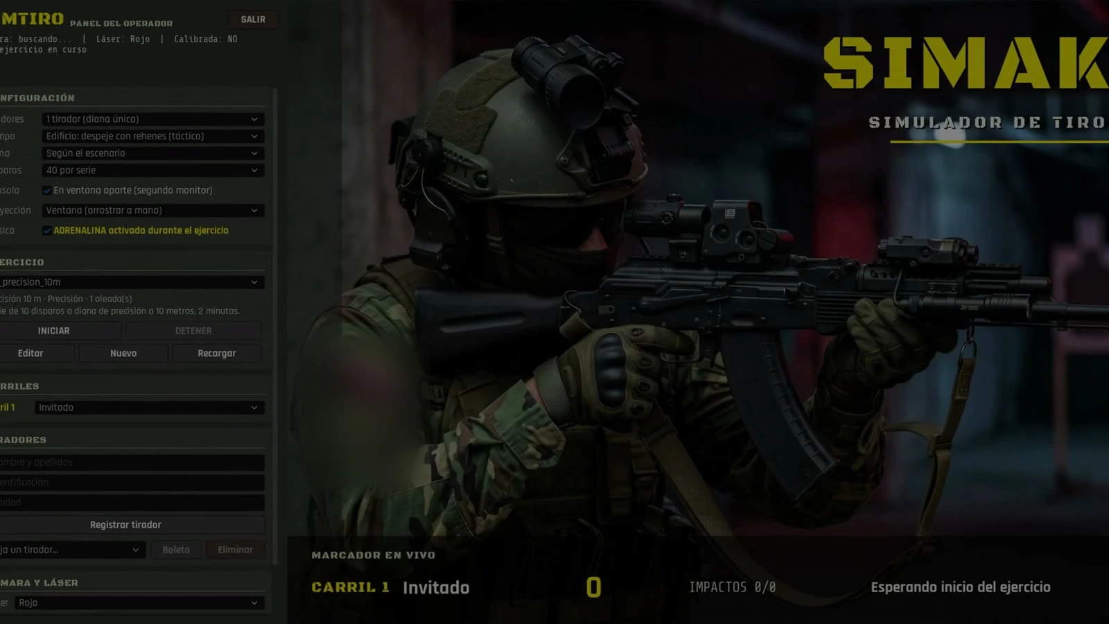 SIMAK operator console with the exercise settings and the live scoreboard