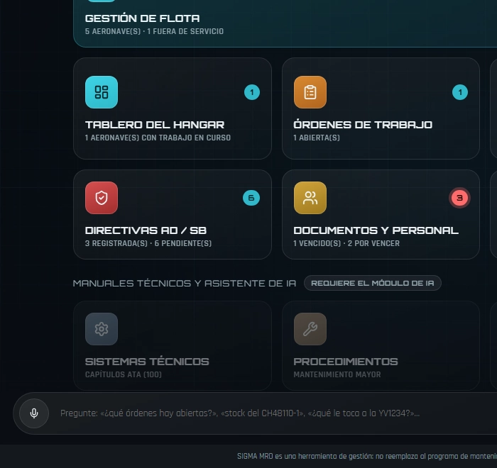 SIGMA MRO with the technical manuals and the AI assistant: «Ask: which work orders are open?»