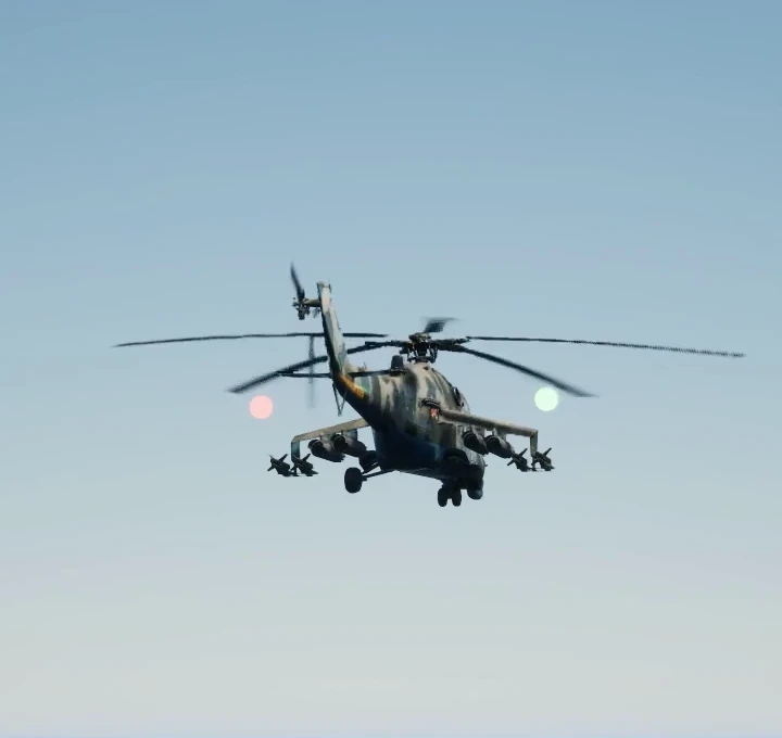 Shooting simulator: helicopter in flight seen from the shooter's position